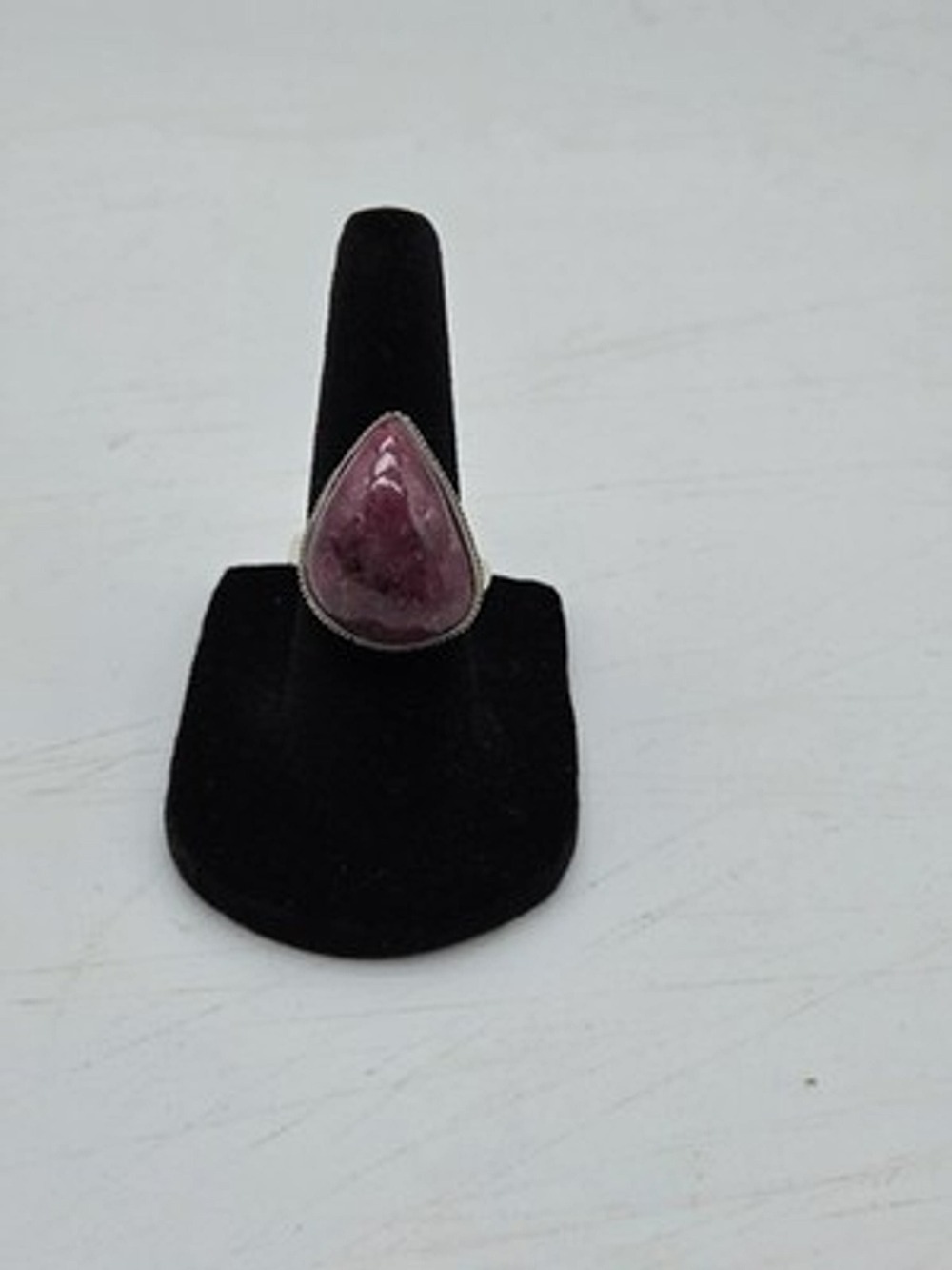 925 Sterling Silver Rhodonite Pink Red Cabochon Ring Teardrop Boho Size 6...
